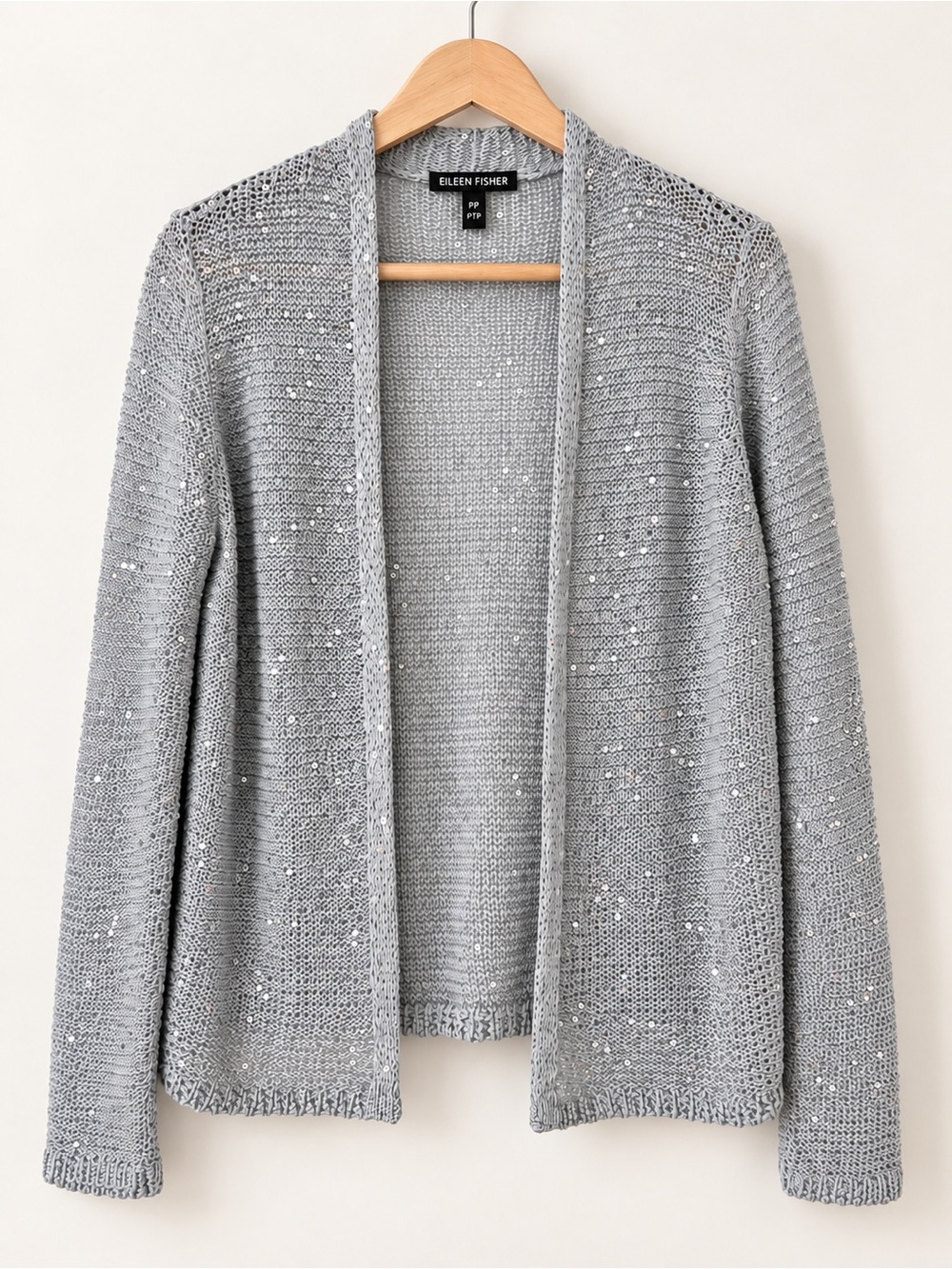 Eileen Fisher Gray Sequin Open Knit Cardigan Petite PP 2P-4P